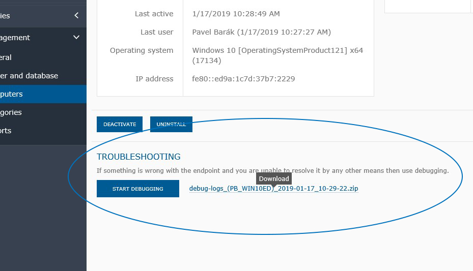 Troubleshooting and debugging log download in WebSafetica